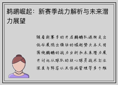 鹈鹕崛起：新赛季战力解析与未来潜力展望